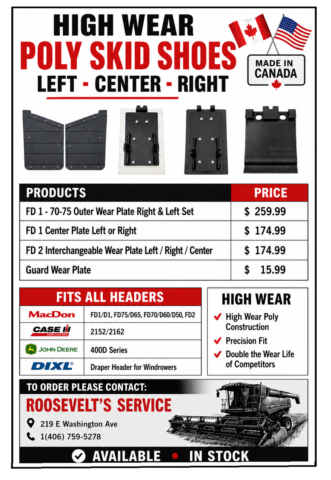 High Wear Poly Skid Shoes promotional flyer with Roosevelt Service contact information