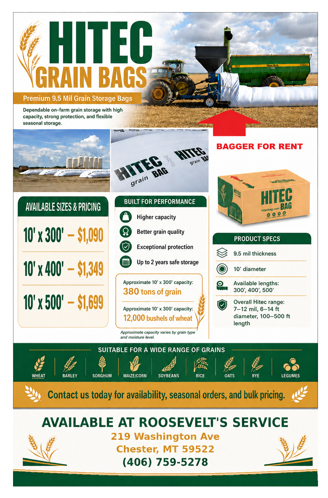 Hitec Grain Bags promotional flyer available through Roosevelt Service in Chester, Montana