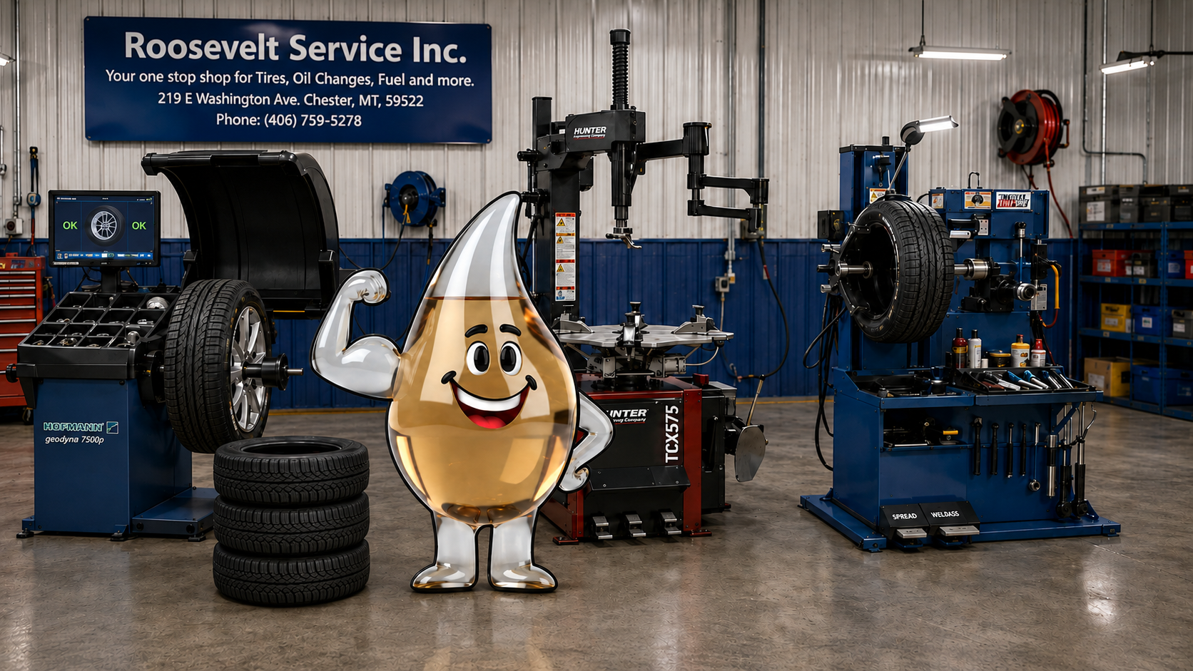 Roosevelt Service Inc. full-service tire and auto shop in Chester, Montana with Drippy mascot